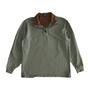 Land’s End Men’s Quarter-Zip Green Cotton Pullover Sweater Corduroy Collar L